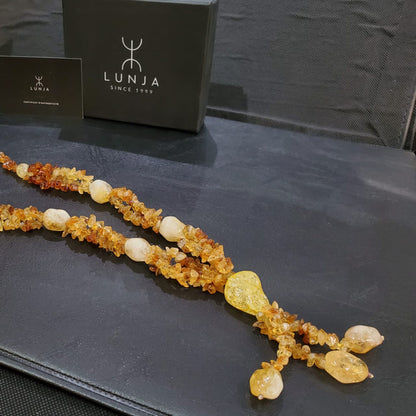 Collier sautoir en quartz hématoïde, citrine & ambre (70 cm)