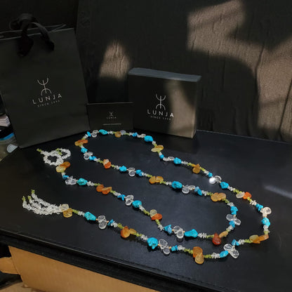 Collier Sautoir Ajustable en Pierres Naturelles – 1,55 m – Cristal de Roche, Péridot et Quartz