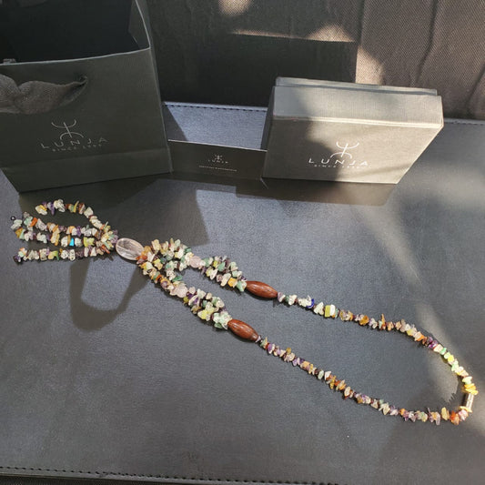 Collier Sautoir en Pierres Naturelles avec Jaspe Rouge ; Quartz Rose  60 cm