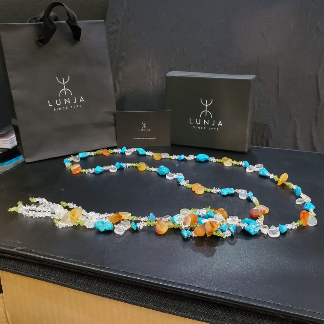 Collier Sautoir Ajustable en Pierres Naturelles – 1,55 m – Cristal de Roche, Péridot et Quartz