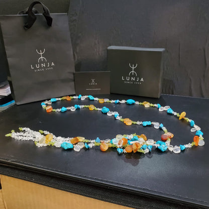 Collier Sautoir Ajustable en Pierres Naturelles – 1,55 m – Cristal de Roche, Péridot et Quartz