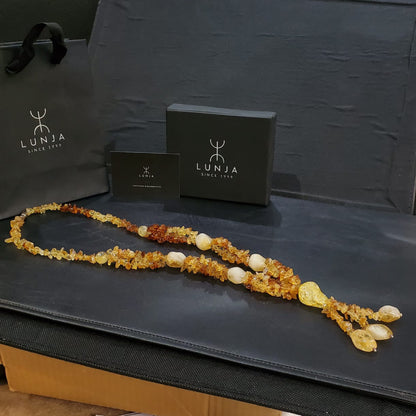 Collier sautoir en quartz hématoïde, citrine & ambre (70 cm)