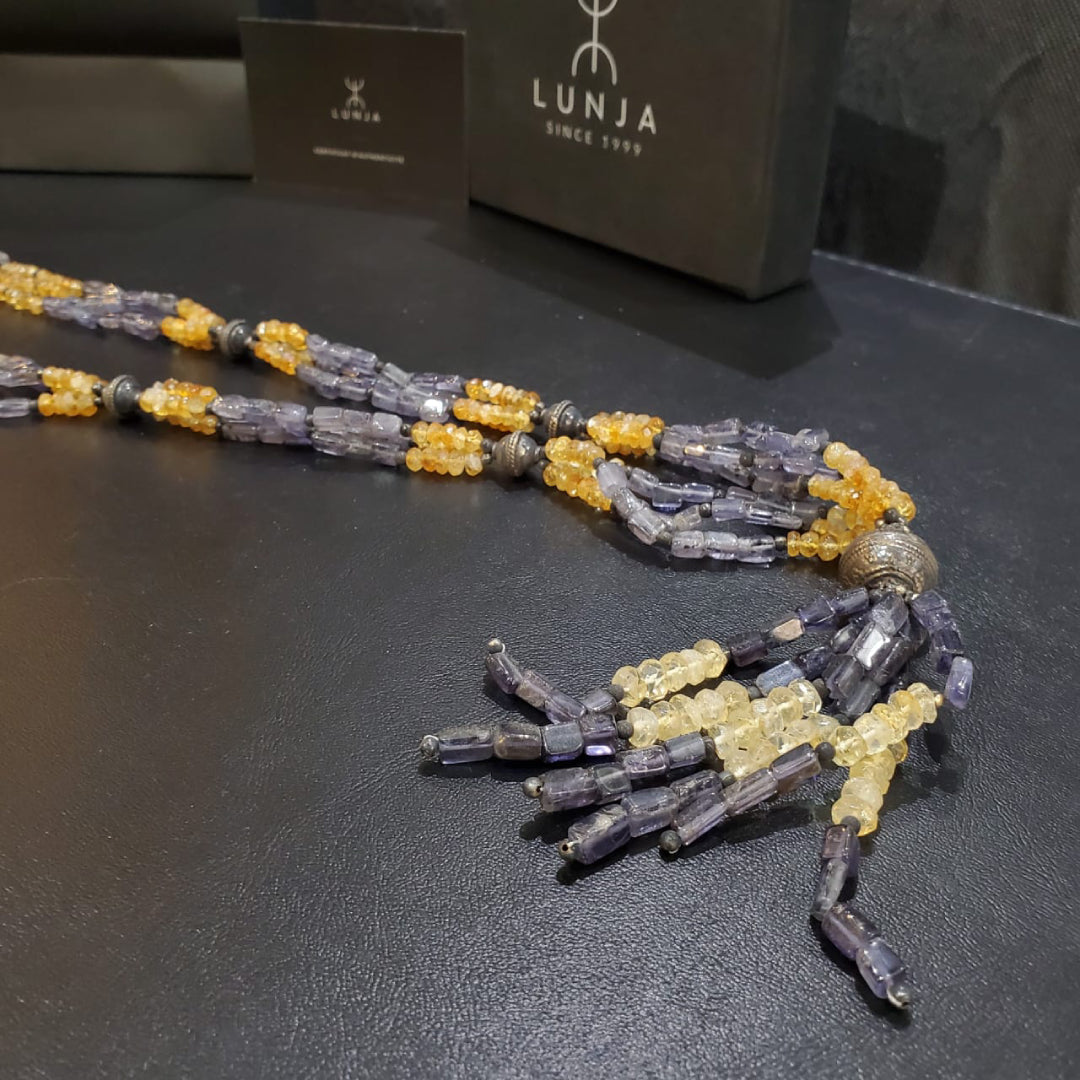 Collier Sautoir en Pierres Naturelles et Authentiques Citrine et Améthyste