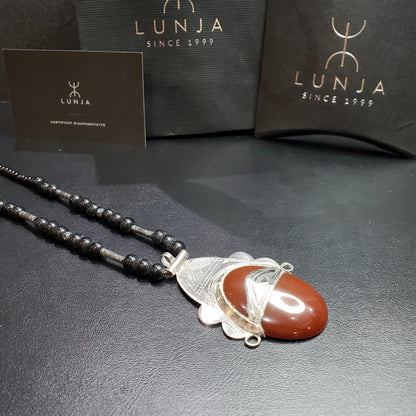 Collier Amazigh en Argent 925 avec Pierre Cornaline Naturelle avec Motif Agadez Gravé à la Main