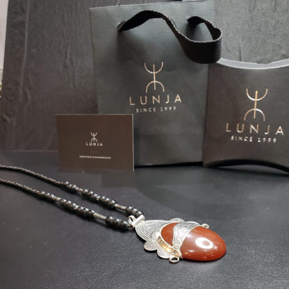 Collier Amazigh en Argent 925 avec Pierre Cornaline Naturelle avec Motif Agadez Gravé à la Main