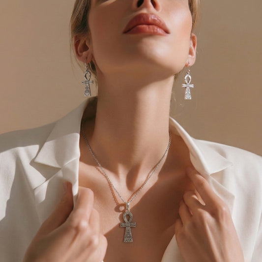 Parure Berbère Amazigh en Argent 925 – Motif Croix de Vie (Ankh) Gravé à la Main