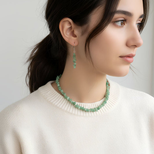 Collier et boucles d’oreilles en pierre naturelle Aventurine Verte avec argent massif