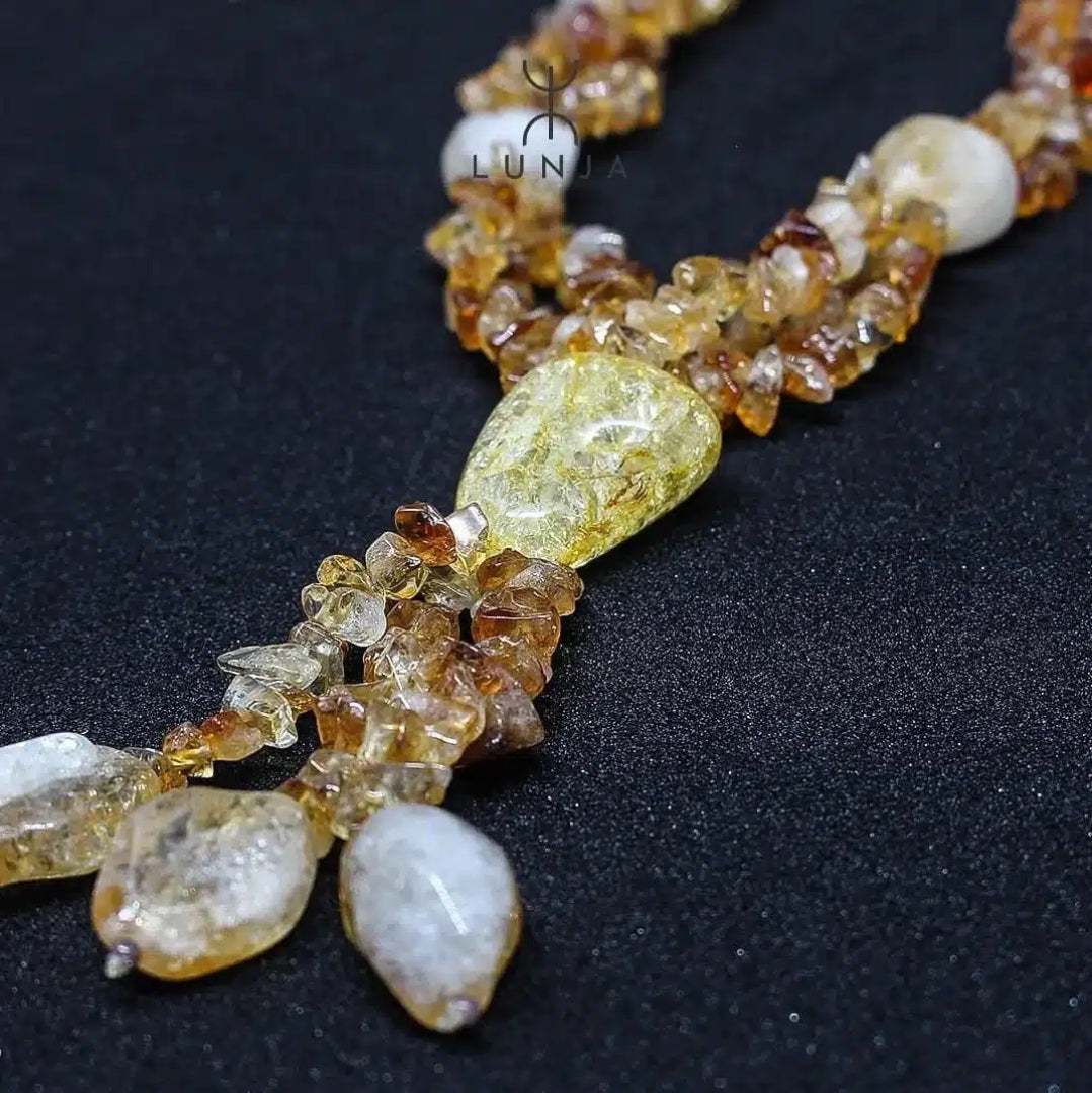Collier sautoir en quartz hématoïde, citrine & ambre (70 cm)