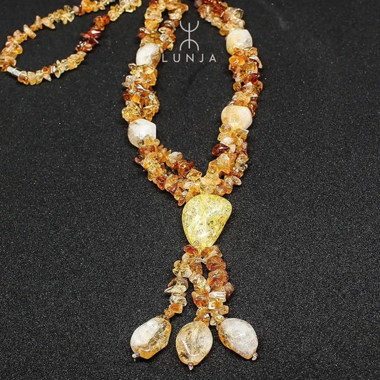 Collier sautoir en quartz hématoïde, citrine & ambre (70 cm)