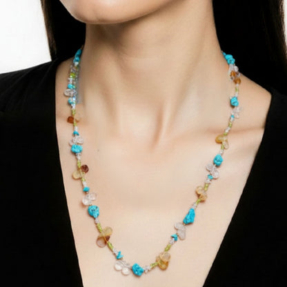 Collier Sautoir en Pierres Naturelles 1.2m  de Cristal de Roche, Péridot & Quartz.