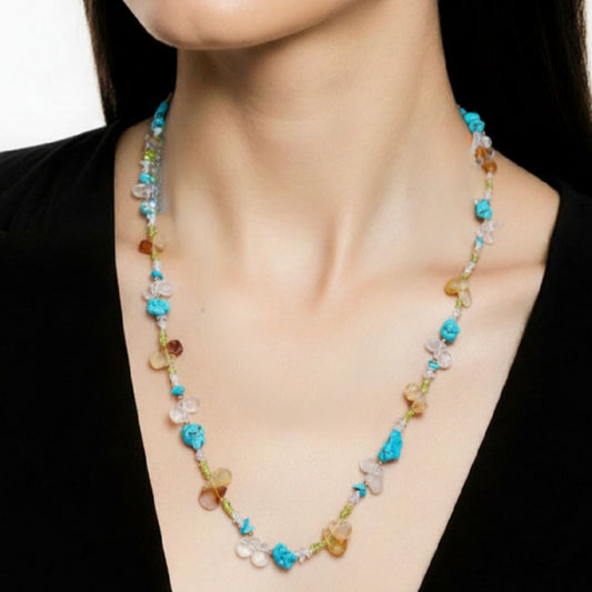 Collier Sautoir en Pierres Naturelles 1.2m  de Cristal de Roche, Péridot & Quartz.