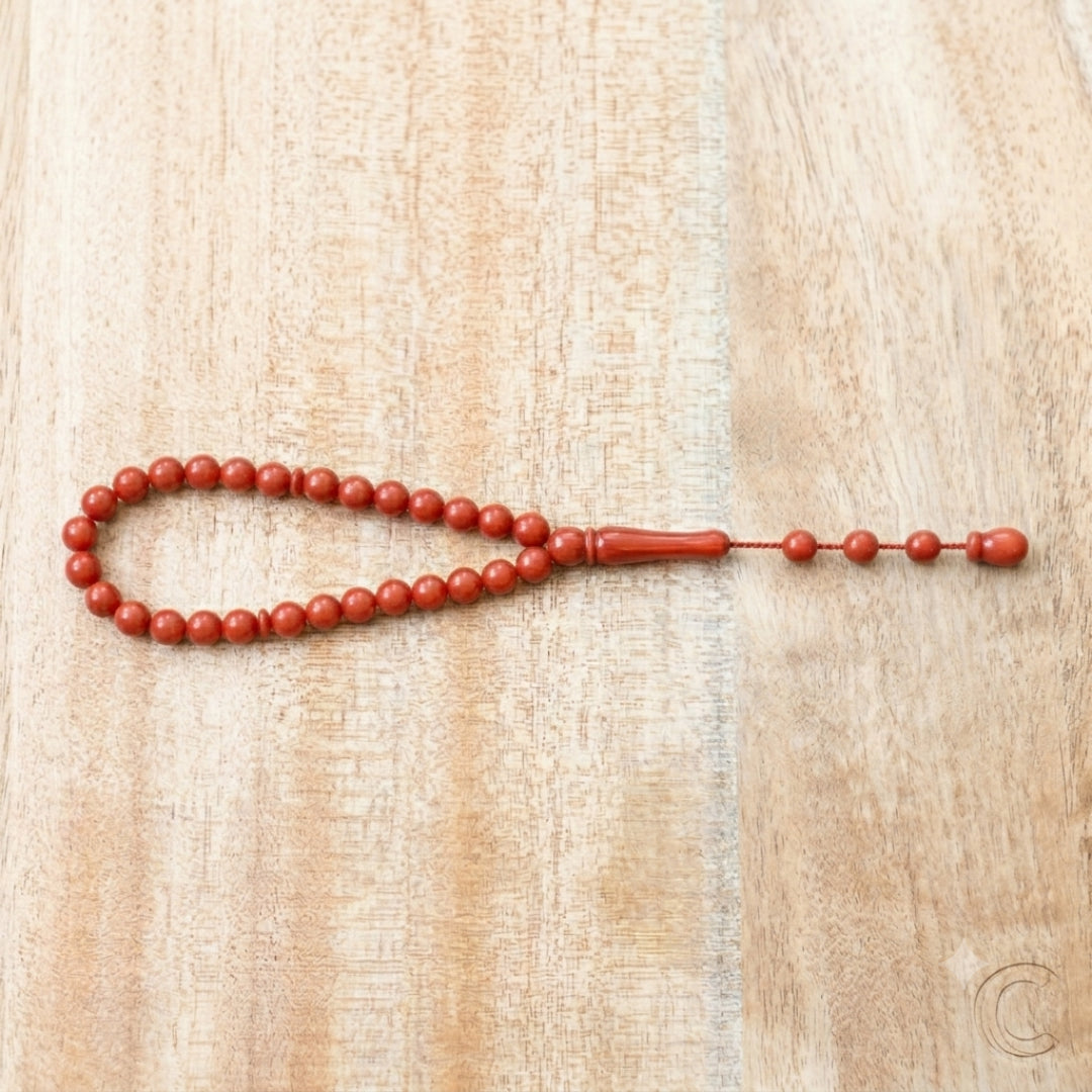 Tasbih en Corail Rouge de Tunisie Supérieur – Chapelet Musulman Fait Main (33 Perles - 5mm)