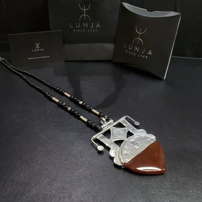 Collier Amazigh en Argent 925 avec Pierre Cornaline Naturelle avec Motif Agadez Gravé à la Main