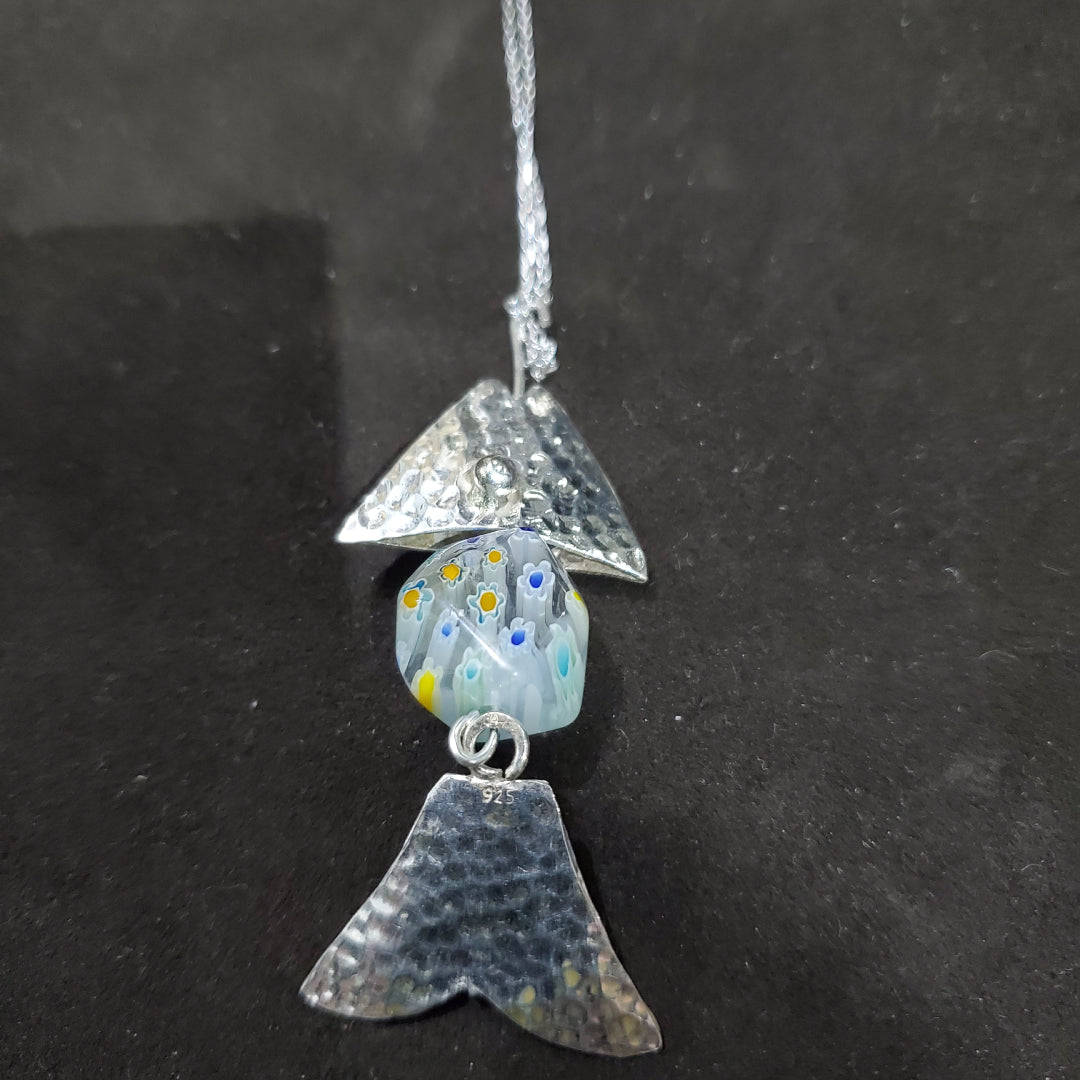 Collier Poisson en argent 925 avec Perle Cubique Bleu transparente e Verre de Murano  Millefiori