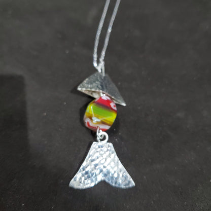Collier Poisson en Argent 925 avec Perle Cubique Orange  en Verre de Murano Millefiori