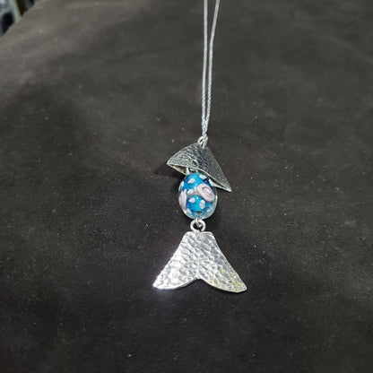 Collier Poisson en Argent 925 avec Perle Cylindrique Bleuté en Verre de Murano