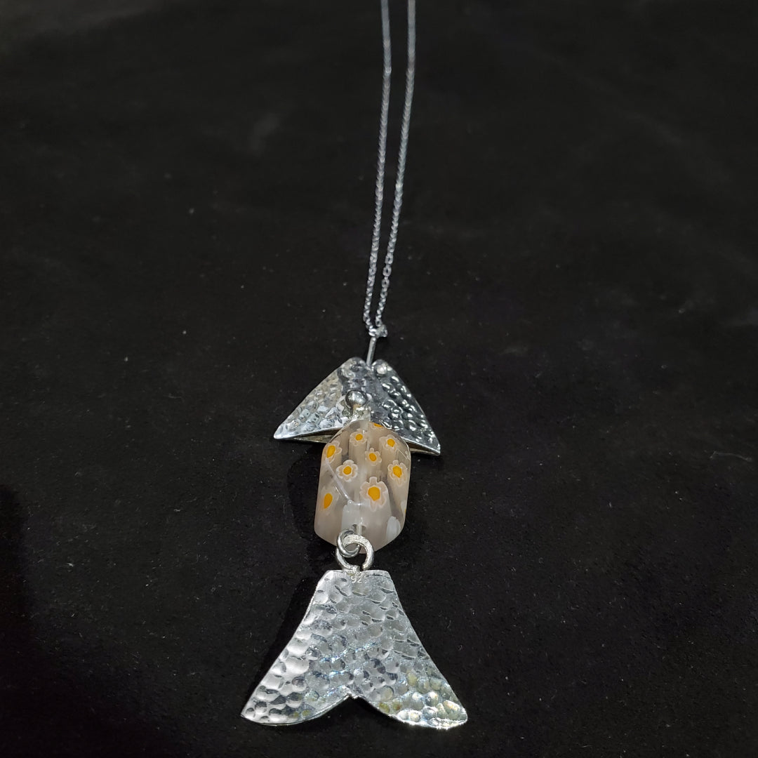 Collier Poisson en Argent 925 avec Perle Cubique  transparente en Verre de Murano Millefiori