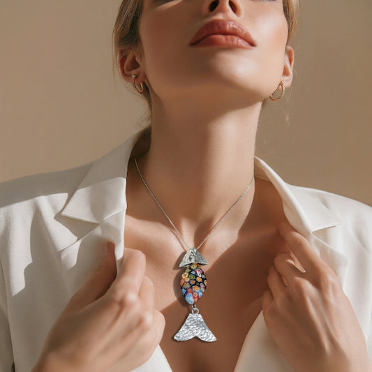 Collier Poisson en Argent 925 avec Perle Ovale  en Verre  de Murano Millefiori