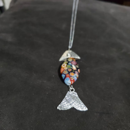 Collier Poisson en Argent 925 avec Perle Ovale  en Verre  de Murano Millefiori